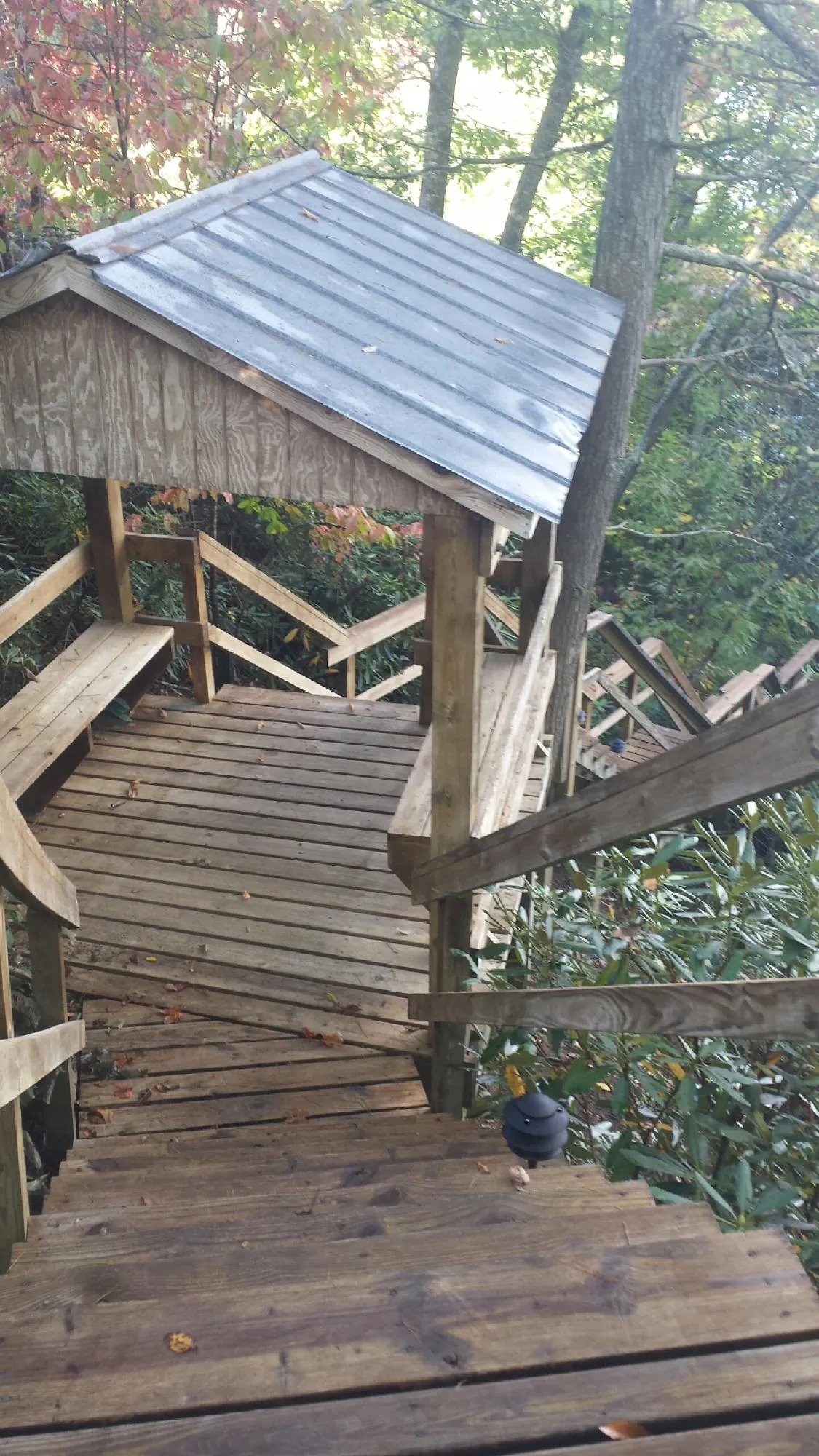 Metal roofed shelter over wooden steps on a wooded walkway — Skylight Repair & Installation work by our crew in Seagoville